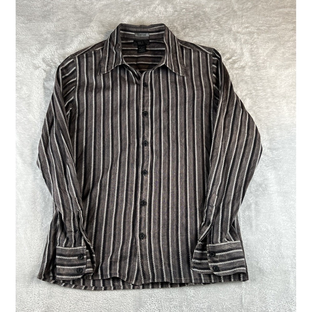 BKE buckle Button Down Contour Shirt Mens Small Black Gray Striped  Preppy